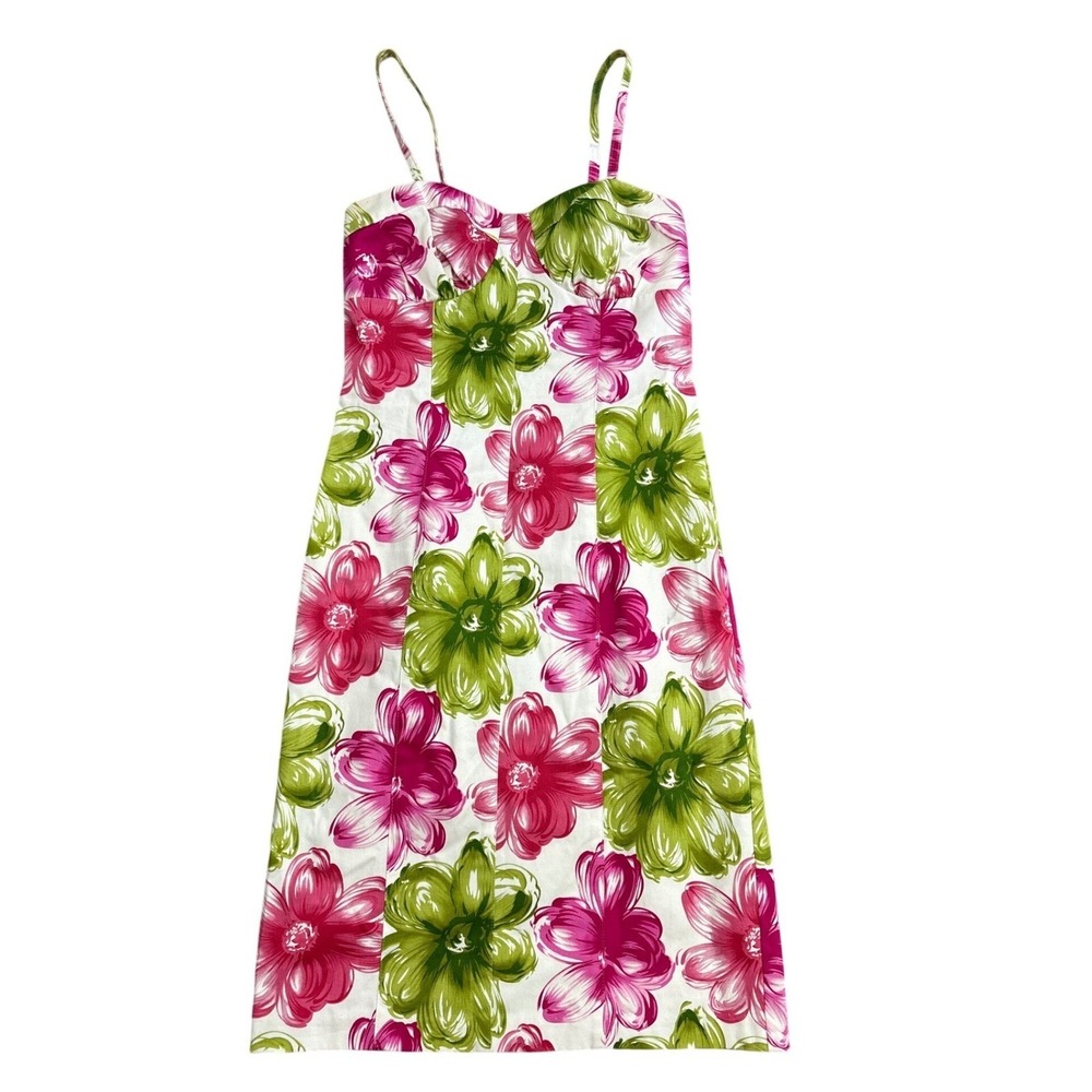 La Belle Vintage Floral Midi Dress Pink Green Sweetheart Neck Size 5 Made in USA